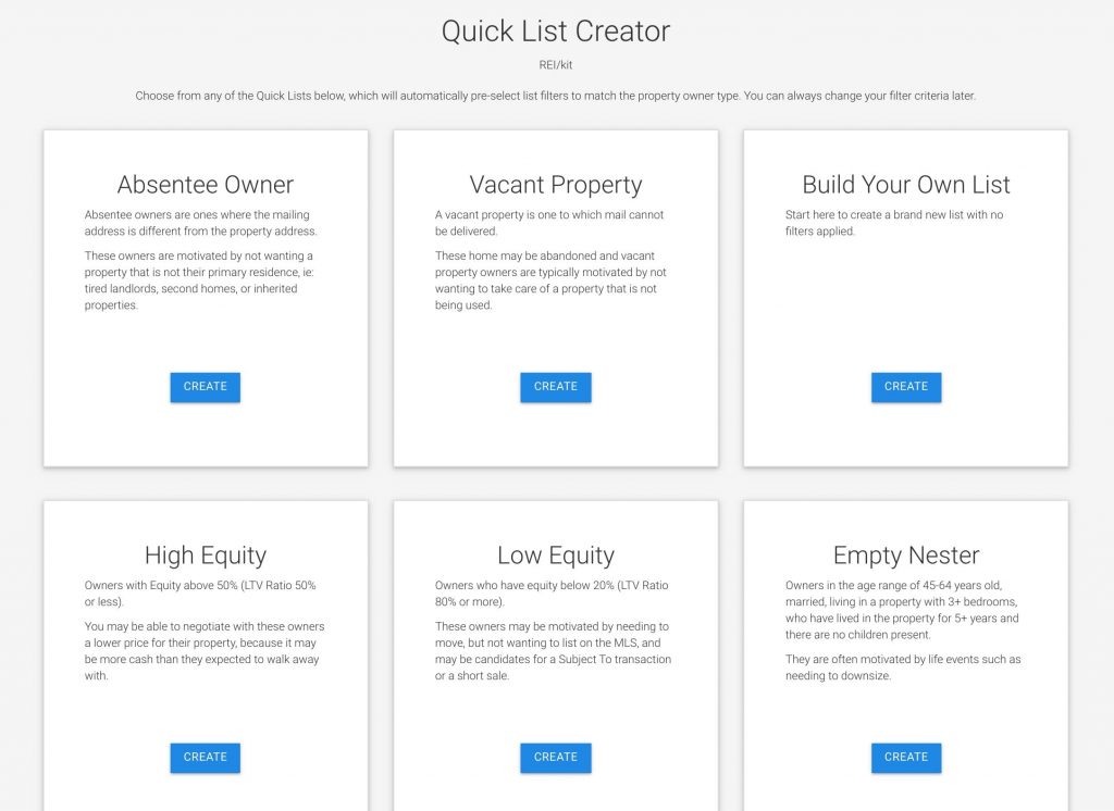 REIkit Leads List Tool Quick List Creator Screen
